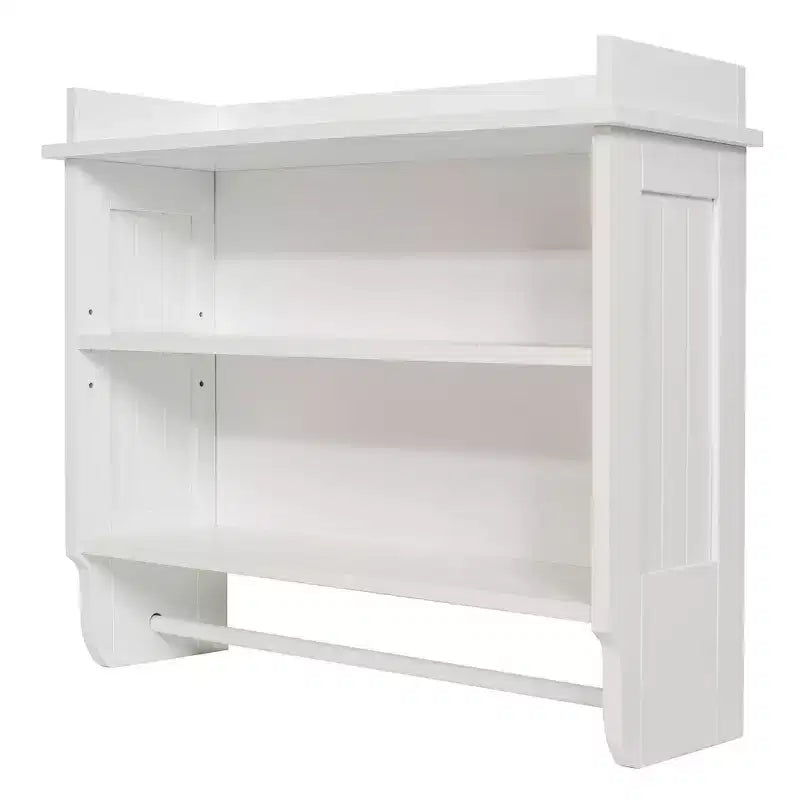 Étagère murale flottante contemporaine Redmon pour montage mural et au plafond en bois peint avec porte-serviettes, assemblage facile et étagère centrale réglable, blanc
