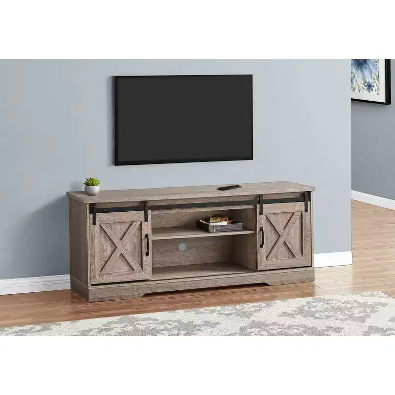 Meuble TV Effet Bois pour TV jusqu'à 60 po avec Portes Coulissantes Style Grange - EveryRoom