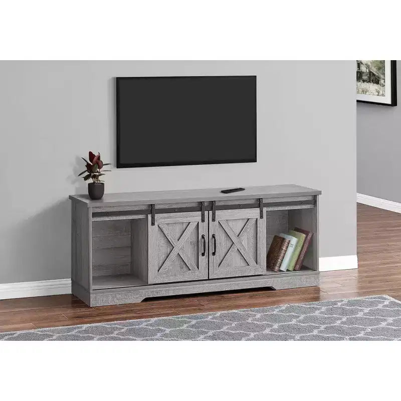 Meuble TV Effet Bois pour TV jusqu'à 60 po avec Portes Coulissantes Style Grange - EveryRoom