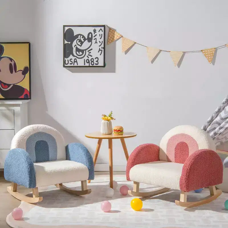 Costway Fauteuil à bascule pour enfants Fauteuil pour enfants en velours rembourré avec pieds en bois massif Bleu/Rouge