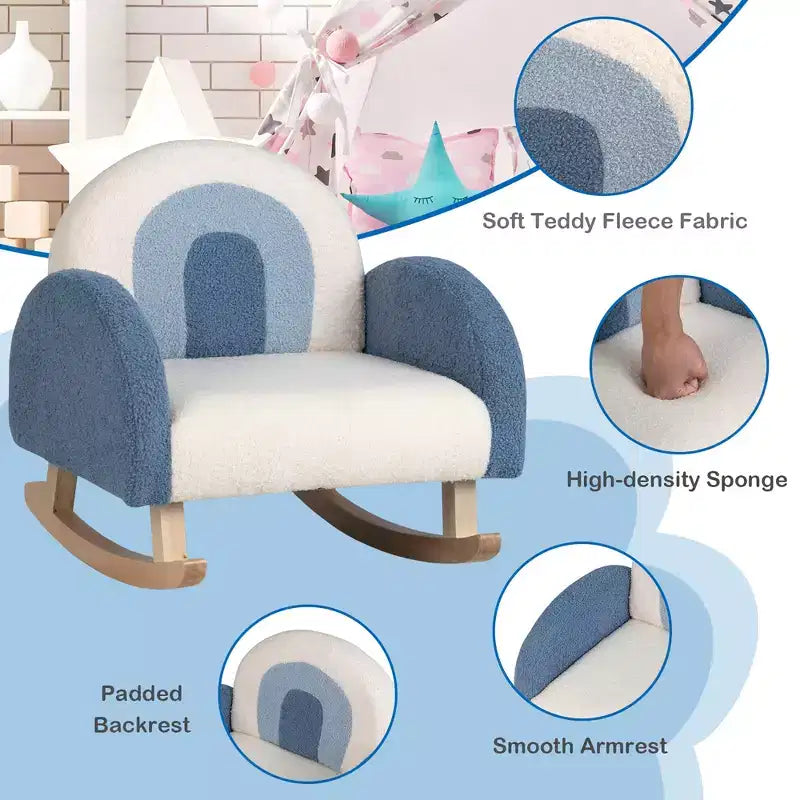 Costway Fauteuil à bascule pour enfants Fauteuil pour enfants en velours rembourré avec pieds en bois massif Bleu/Rouge
