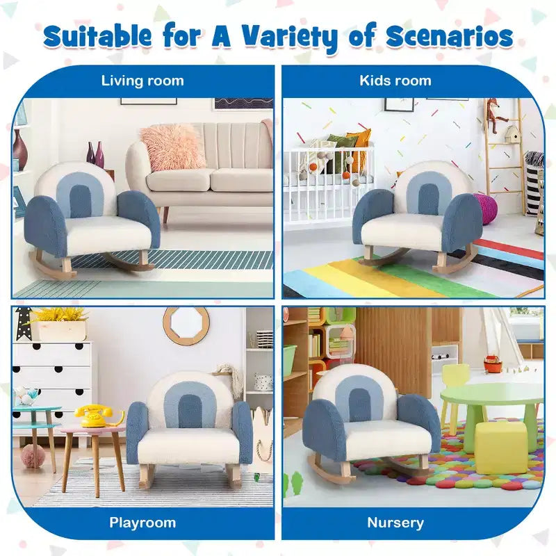 Costway Fauteuil à bascule pour enfants Fauteuil pour enfants en velours rembourré avec pieds en bois massif Bleu/Rouge