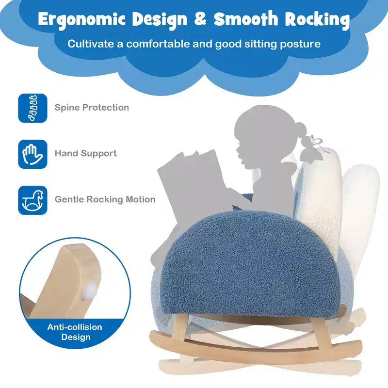 Costway Fauteuil à bascule pour enfants Fauteuil pour enfants en velours rembourré avec pieds en bois massif Bleu/Rouge