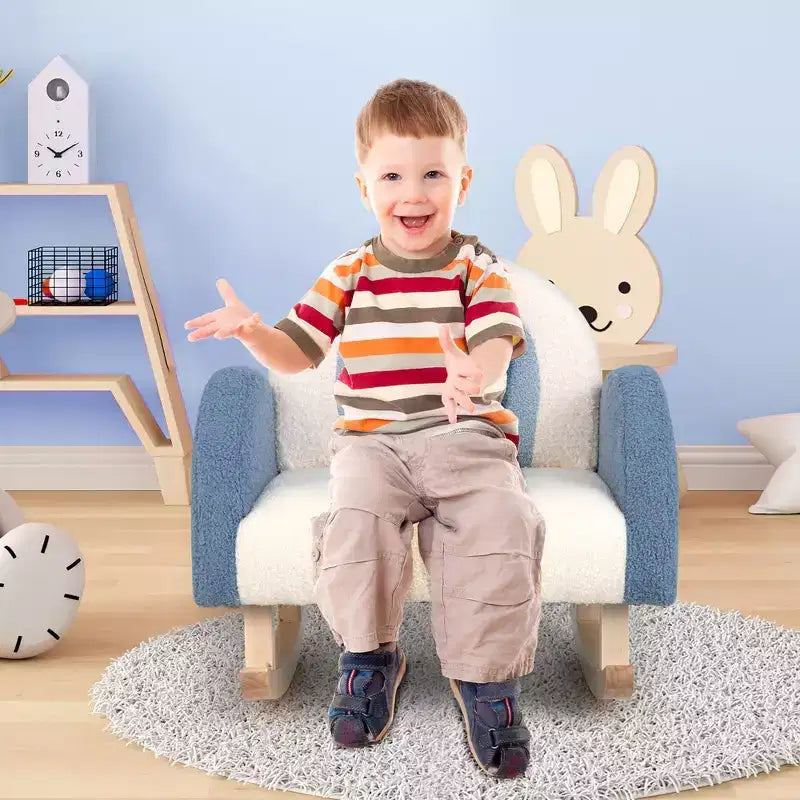 Costway Fauteuil à bascule pour enfants Fauteuil pour enfants en velours rembourré avec pieds en bois massif Bleu/Rouge