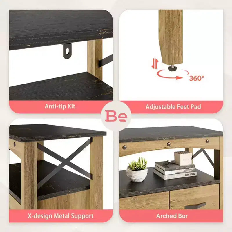 Meuble de Rangement Rustique Bestier avec 2 Étagères d'Exposition et 5 Tiroirs pour Salon, Bureau, Chambre ou Couloir, Marron
