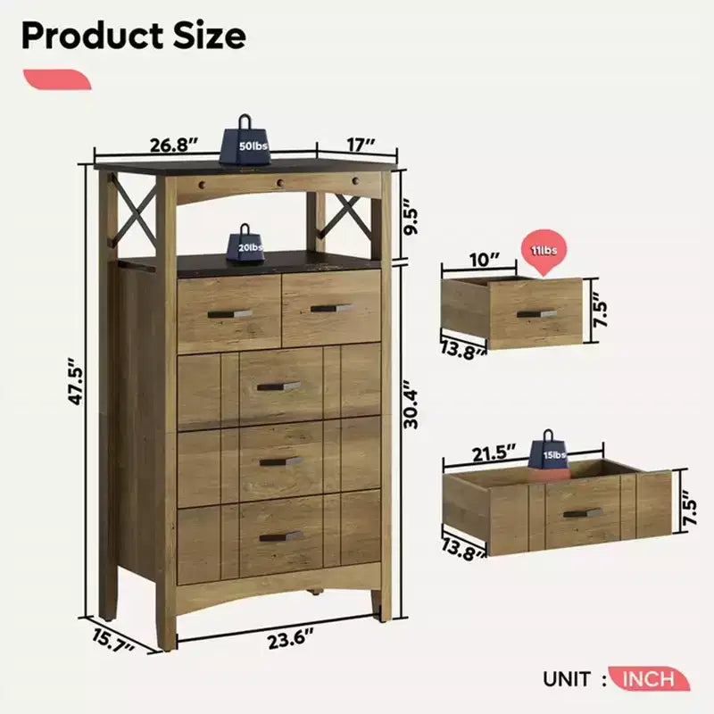 Meuble de Rangement Rustique Bestier avec 2 Étagères d'Exposition et 5 Tiroirs pour Salon, Bureau, Chambre ou Couloir, Marron