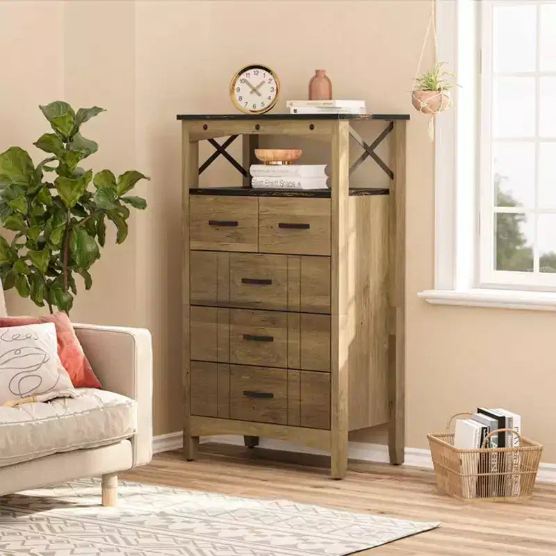 Meuble de Rangement Rustique Bestier avec 2 Étagères d'Exposition et 5 Tiroirs pour Salon, Bureau, Chambre ou Couloir, Marron