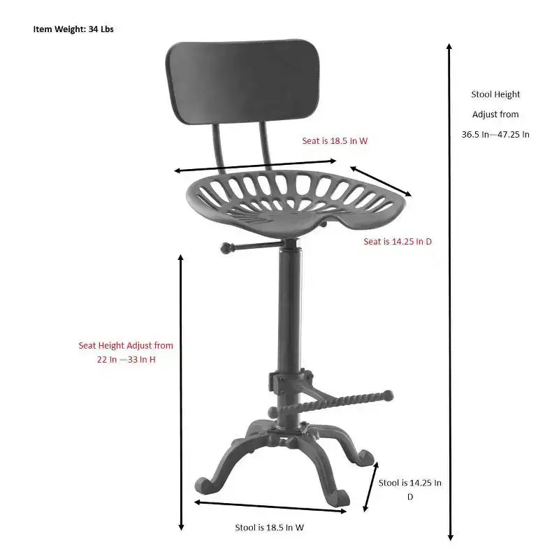 Tabouret de bar réglable avec dossier Carolina Living Austin, hauteur comptoir, assise tracteur