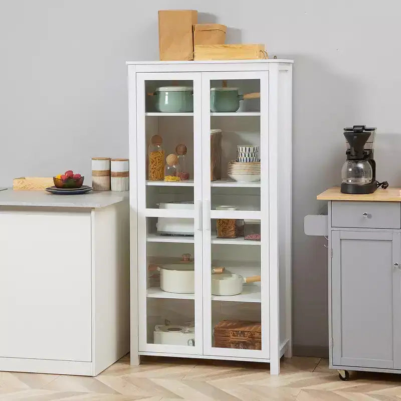 HOMCOM Meuble de cuisine autoportant, buffet de rangement à 5 niveaux avec étagères réglables et 2 portes vitrées, blanc