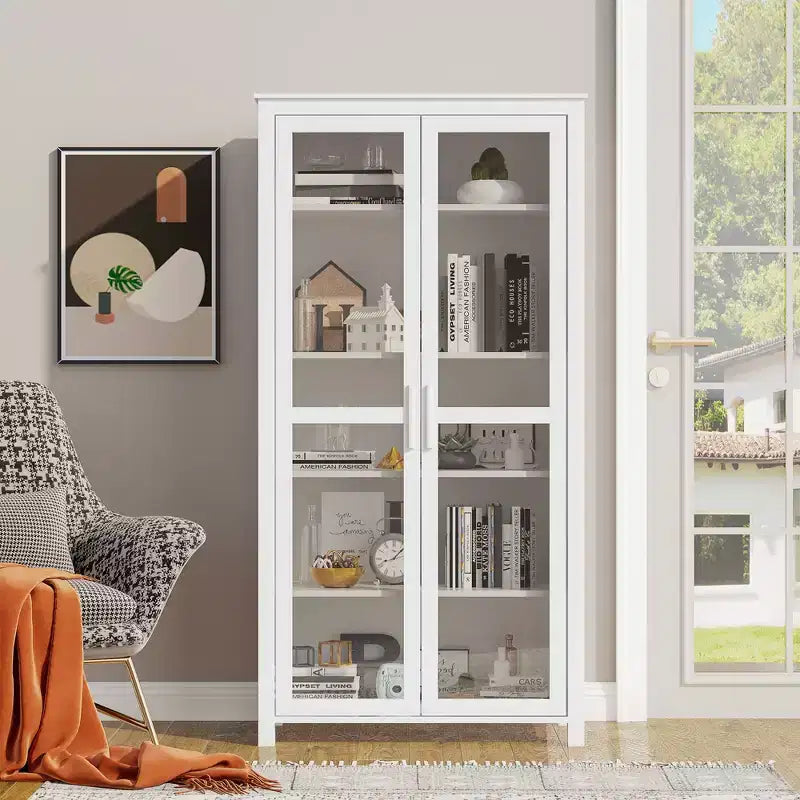 HOMCOM Meuble de cuisine autoportant, buffet de rangement à 5 niveaux avec étagères réglables et 2 portes vitrées, blanc
