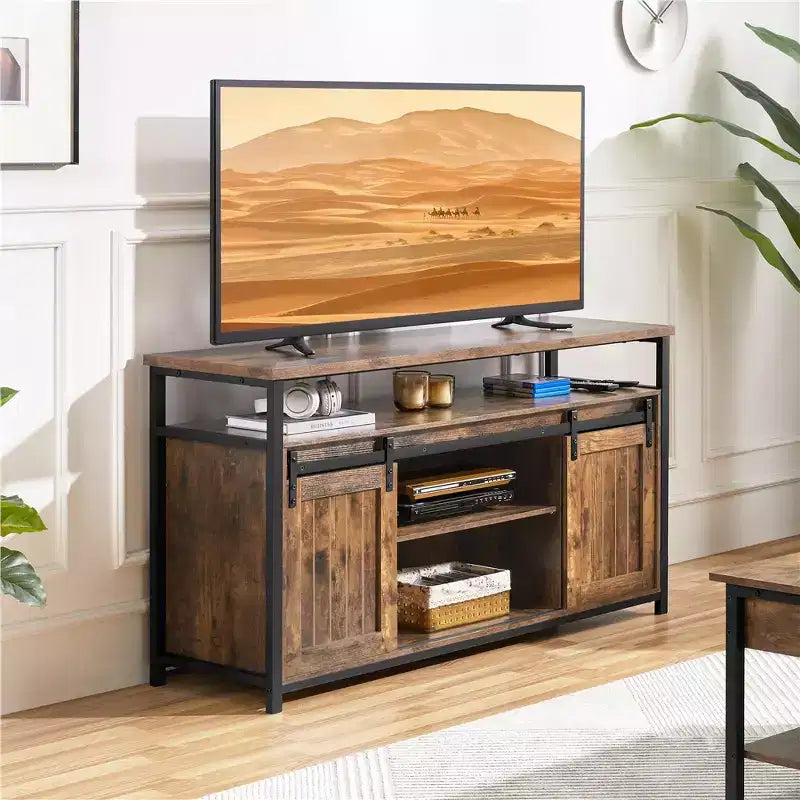 Meuble TV Yaheetech pour téléviseurs 65 pouces, meuble TV industriel avec portes coulissantes façon grange, marron rustique