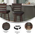 Tabouret de comptoir pivotant classique Merrick Lane 24" en bois à dossier échelle, avec assise rembourrée et repose-pieds intégré