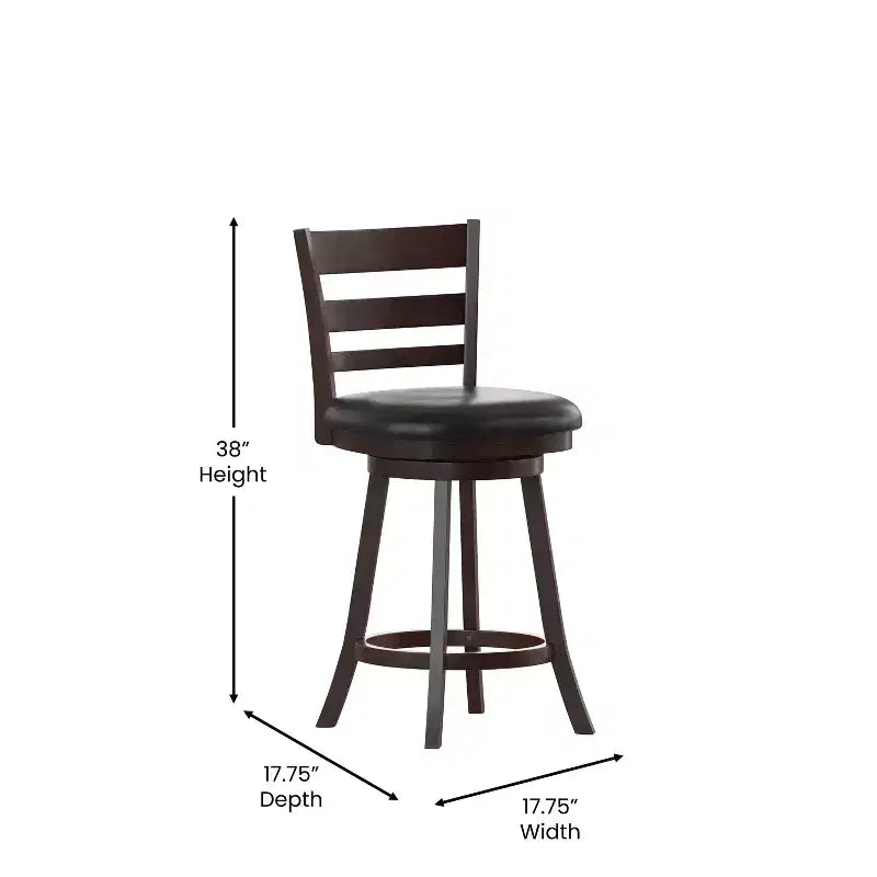 Tabouret de comptoir pivotant classique Merrick Lane 24" en bois à dossier échelle, avec assise rembourrée et repose-pieds intégré