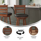 Tabouret de comptoir pivotant classique Merrick Lane 24" en bois à dossier échelle, avec assise rembourrée et repose-pieds intégré