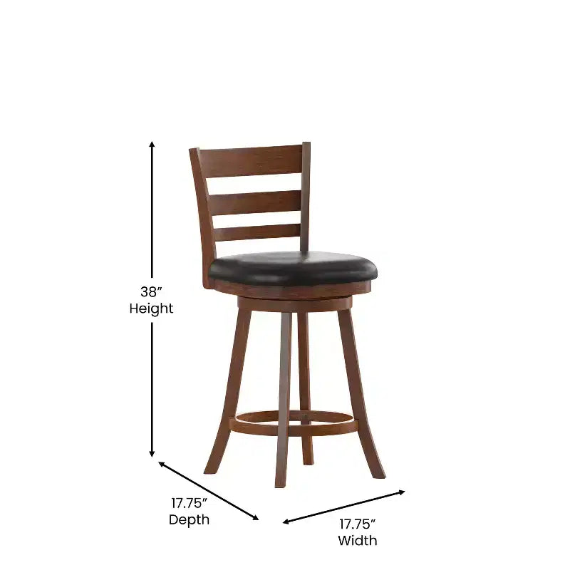 Tabouret de comptoir pivotant classique Merrick Lane 24" en bois à dossier échelle, avec assise rembourrée et repose-pieds intégré