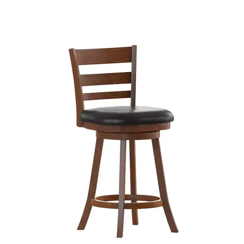 Tabouret de comptoir pivotant classique Merrick Lane 24" en bois à dossier échelle, avec assise rembourrée et repose-pieds intégré