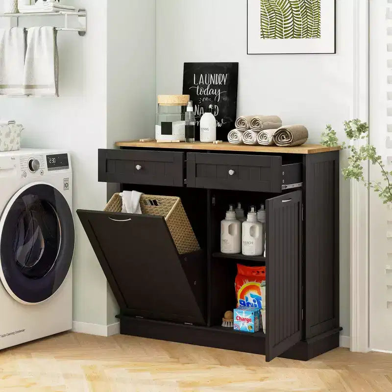 Meuble de cuisine Costway en bois avec poubelle basculante, tiroir et étagère de rangement Noir/Blanc/Café/Gris