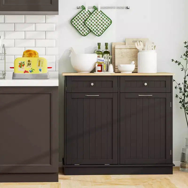 Meuble de cuisine Costway en bois avec poubelle basculante, tiroir et étagère de rangement Noir/Blanc/Café/Gris
