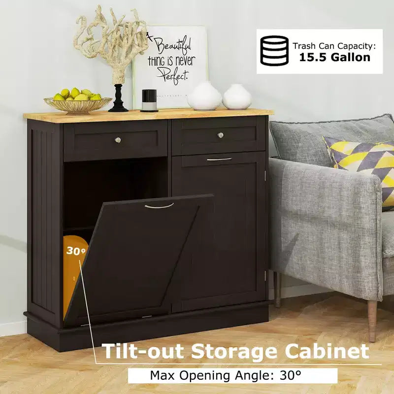 Meuble de cuisine Costway en bois avec poubelle basculante, tiroir et étagère de rangement Noir/Blanc/Café/Gris