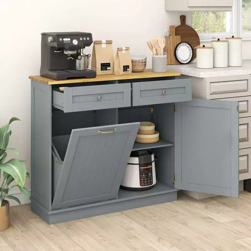 Meuble de cuisine Costway en bois avec poubelle basculante, tiroir et étagère de rangement Noir/Blanc/Café/Gris