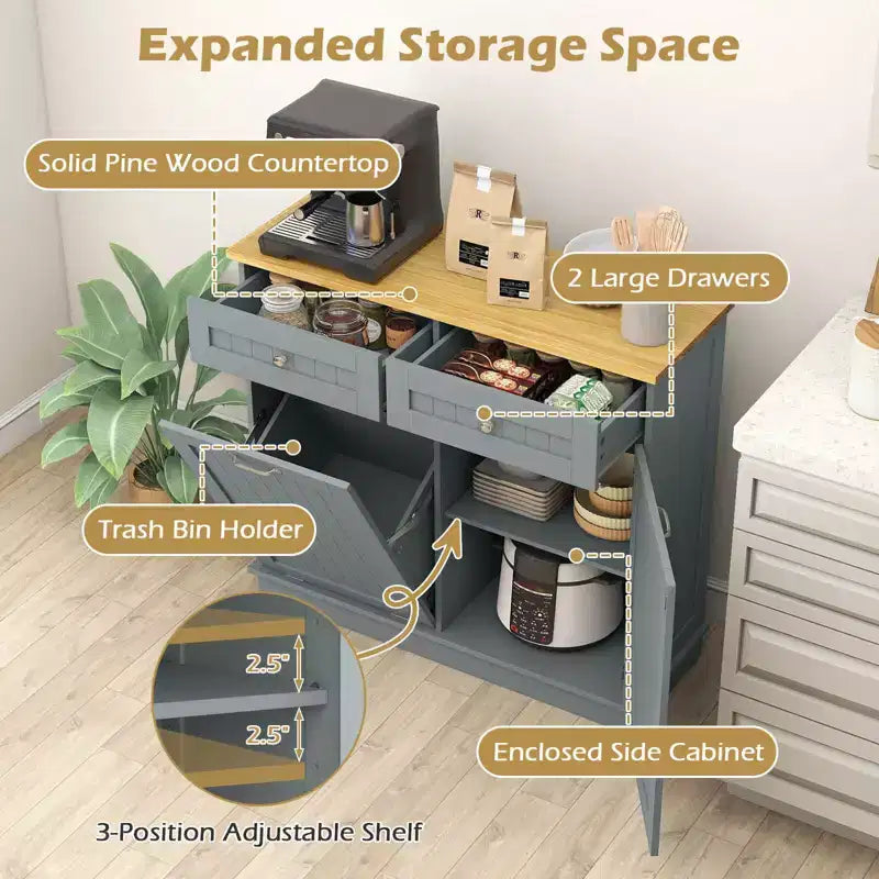 Meuble de cuisine Costway en bois avec poubelle basculante, tiroir et étagère de rangement Noir/Blanc/Café/Gris