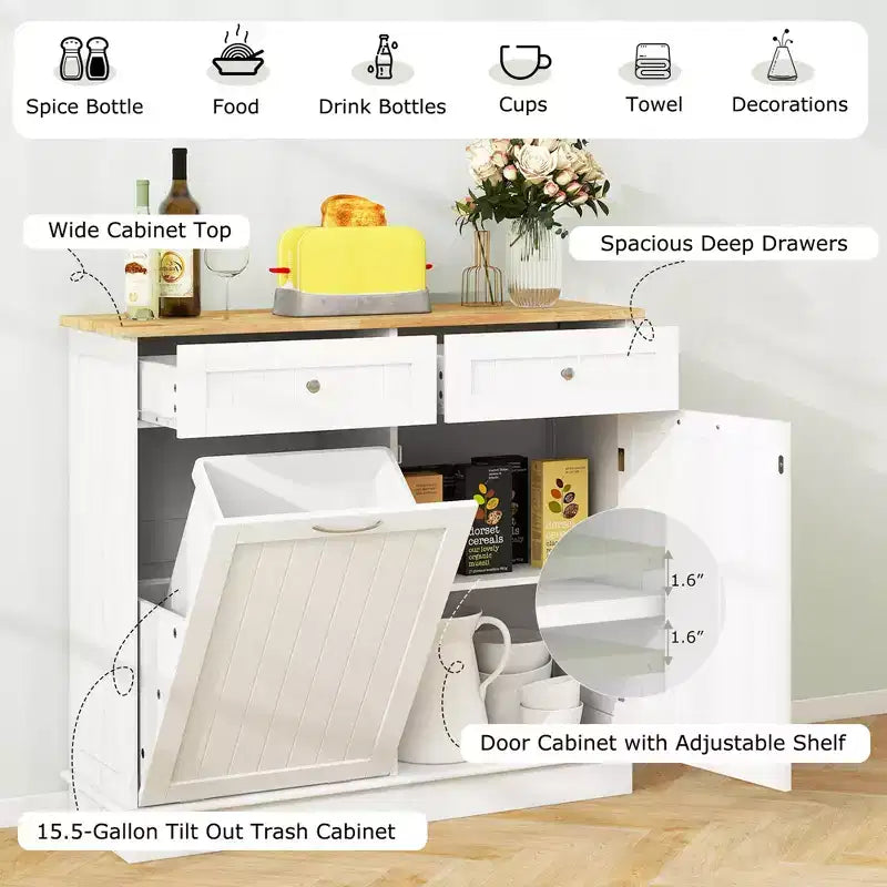 Meuble de cuisine Costway en bois avec poubelle basculante, tiroir et étagère de rangement Noir/Blanc/Café/Gris