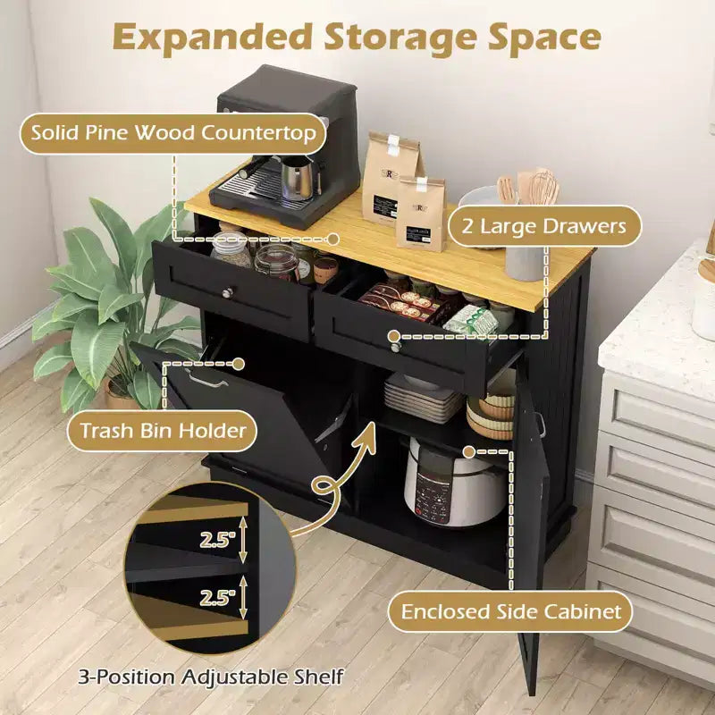 Meuble de cuisine Costway en bois avec poubelle basculante, tiroir et étagère de rangement Noir/Blanc/Café/Gris