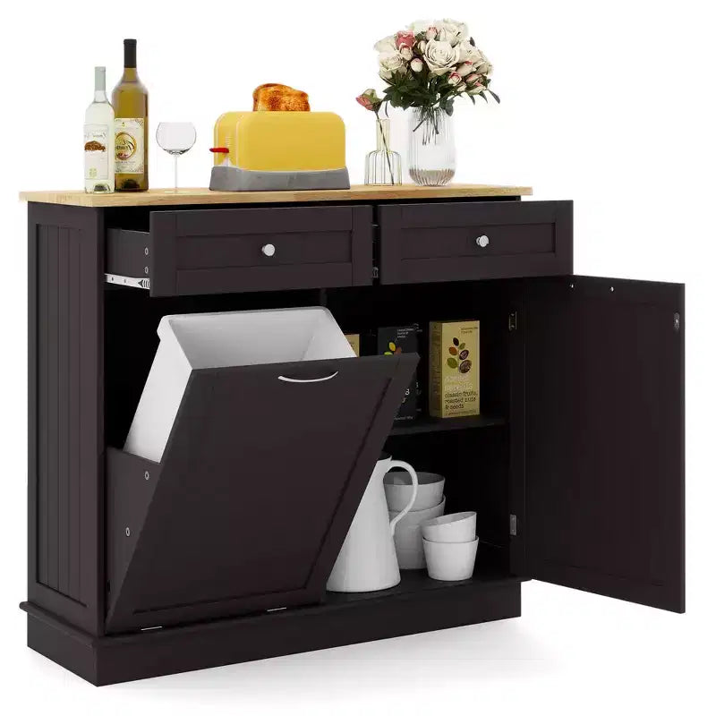 Meuble de cuisine Costway en bois avec poubelle basculante, tiroir et étagère de rangement Noir/Blanc/Café/Gris