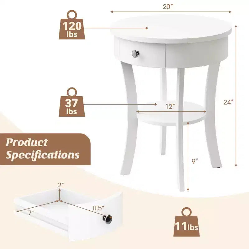 Costway Table d'appoint/de chevet ronde à 2 niveaux pour chambre à coucher et salon, Blanc/Espresso/Noir