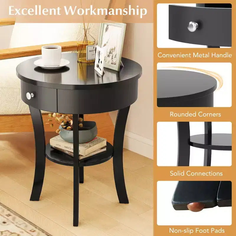 Costway Table d'appoint/de chevet ronde à 2 niveaux pour chambre à coucher et salon, Blanc/Espresso/Noir