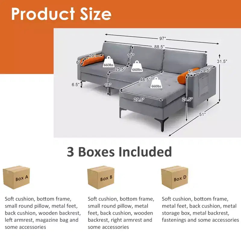 Costway Canapé d'angle modulaire avec méridienne réversible et 2 ports USB Gris cendré