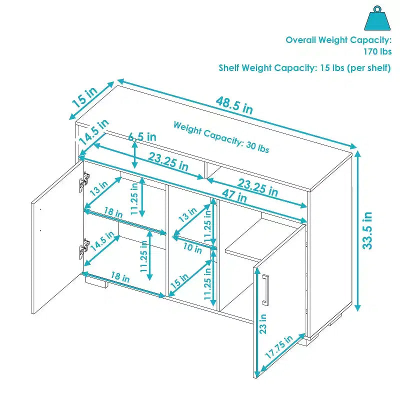Buffet de rangement Anthony d'intérieur Sunnydaze avec étagères – 48,5 po