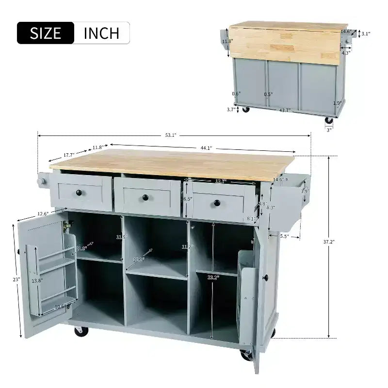 Îlot de cuisine avec comptoir abattant, chariot de cuisine avec 5 roues, armoire de rangement et 3 tiroirs - ModernLuxe