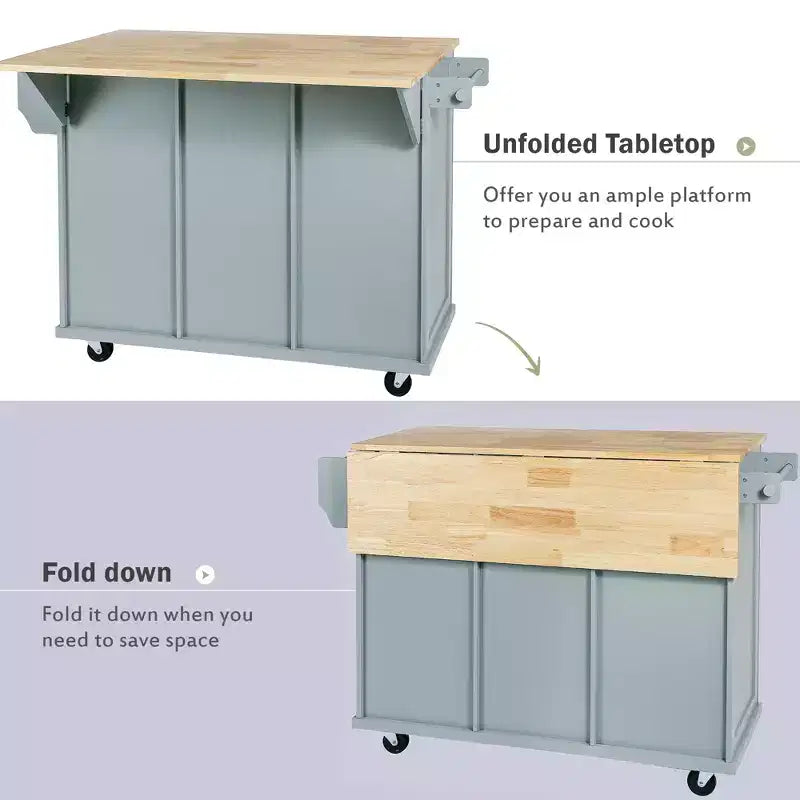 Îlot de cuisine avec comptoir abattant, chariot de cuisine avec 5 roues, armoire de rangement et 3 tiroirs - ModernLuxe
