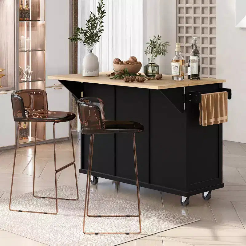 Îlot de cuisine avec comptoir abattant, chariot de cuisine avec 5 roues, armoire de rangement et 3 tiroirs - ModernLuxe