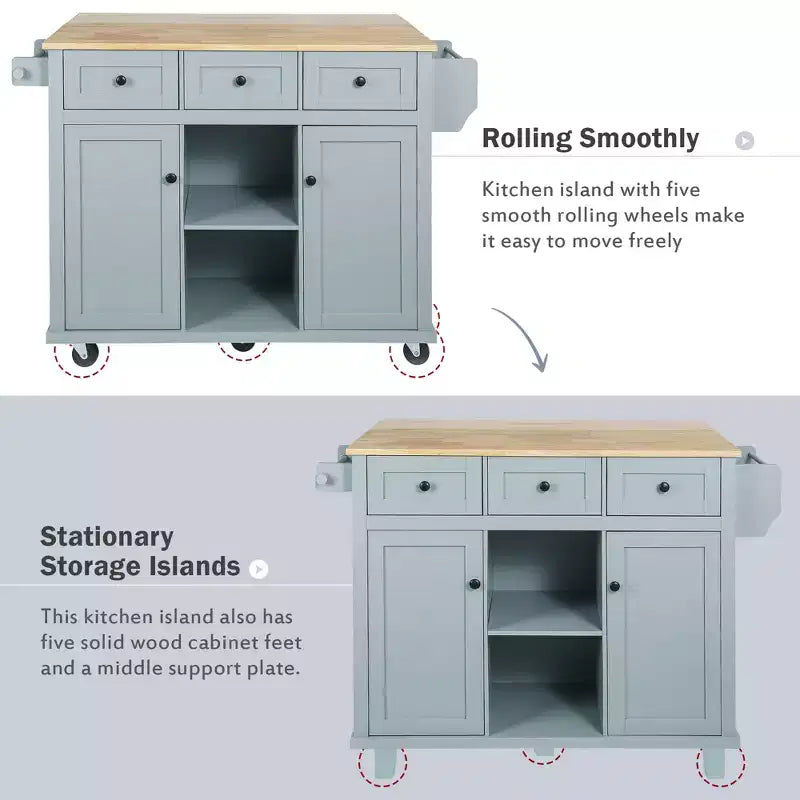Îlot de cuisine avec comptoir abattant, chariot de cuisine avec 5 roues, armoire de rangement et 3 tiroirs - ModernLuxe
