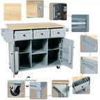 Îlot de cuisine avec comptoir abattant, chariot de cuisine avec 5 roues, armoire de rangement et 3 tiroirs - ModernLuxe