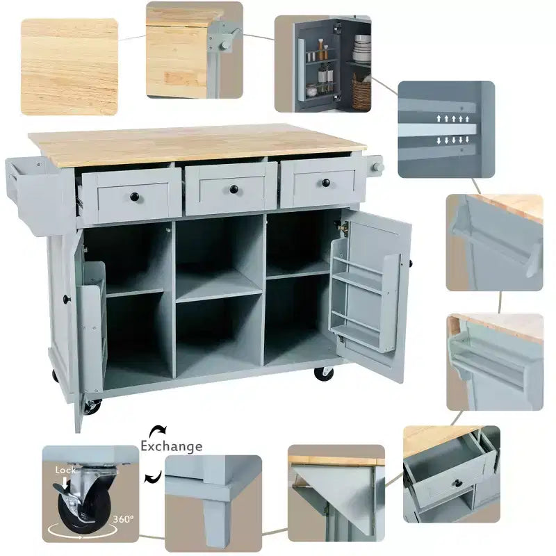 Îlot de cuisine avec comptoir abattant, chariot de cuisine avec 5 roues, armoire de rangement et 3 tiroirs - ModernLuxe