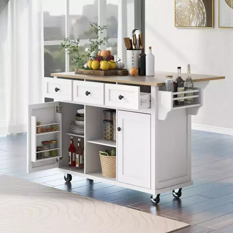 Îlot de cuisine avec comptoir abattant, chariot de cuisine avec 5 roues, armoire de rangement et 3 tiroirs - ModernLuxe