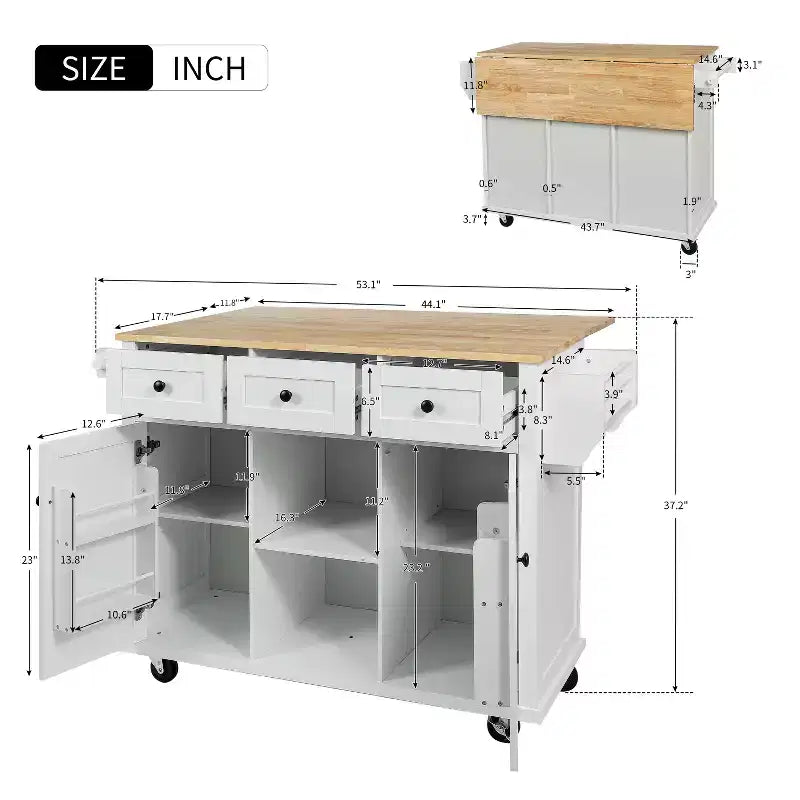 Îlot de cuisine avec comptoir abattant, chariot de cuisine avec 5 roues, armoire de rangement et 3 tiroirs - ModernLuxe