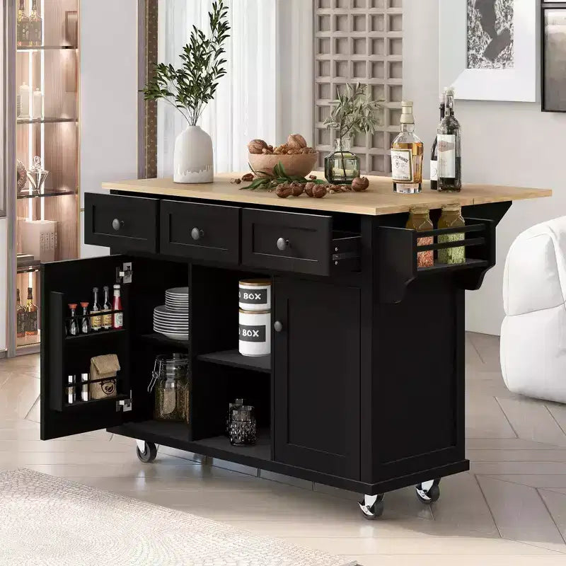 Îlot de cuisine avec comptoir abattant, chariot de cuisine avec 5 roues, armoire de rangement et 3 tiroirs - ModernLuxe