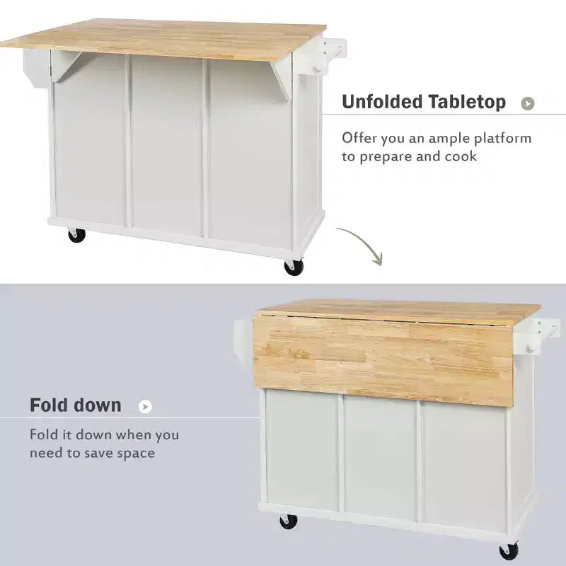 Îlot de cuisine avec comptoir abattant, chariot de cuisine avec 5 roues, armoire de rangement et 3 tiroirs - ModernLuxe