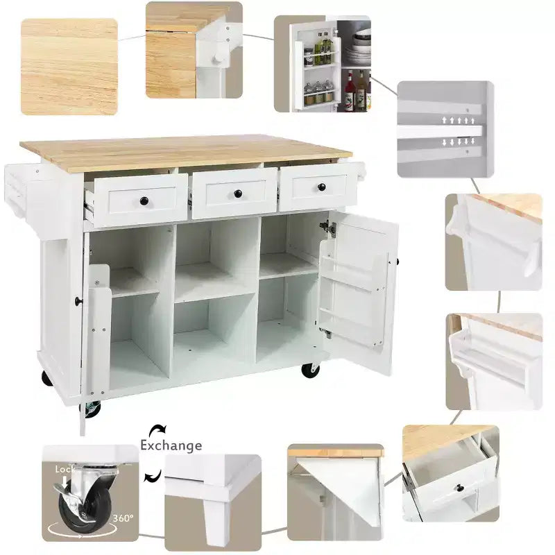 Îlot de cuisine avec comptoir abattant, chariot de cuisine avec 5 roues, armoire de rangement et 3 tiroirs - ModernLuxe