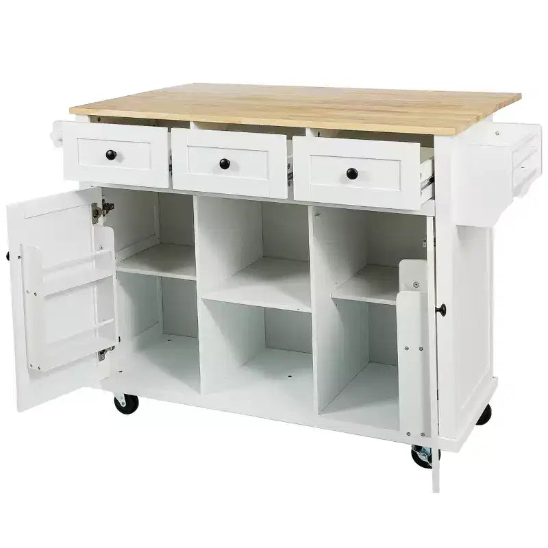 Îlot de cuisine avec comptoir abattant, chariot de cuisine avec 5 roues, armoire de rangement et 3 tiroirs - ModernLuxe