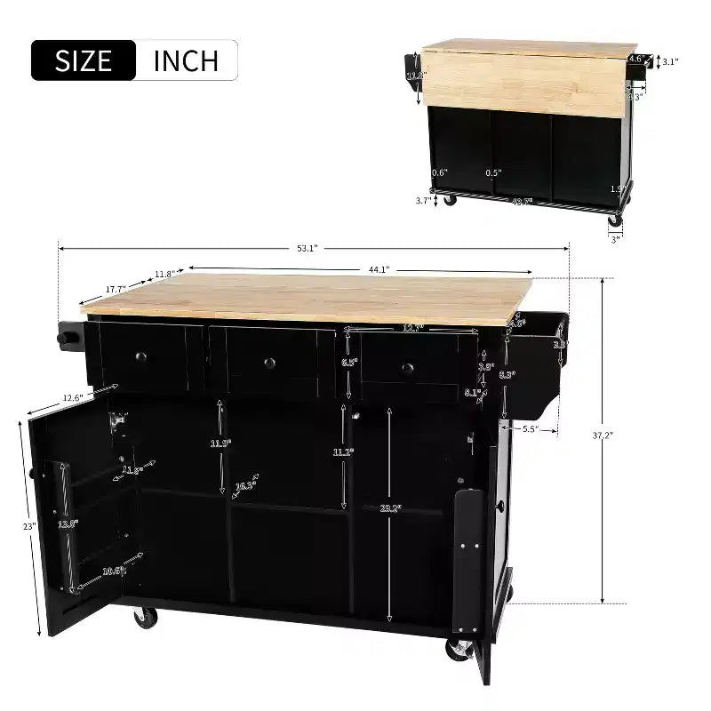 Îlot de cuisine avec comptoir abattant, chariot de cuisine avec 5 roues, armoire de rangement et 3 tiroirs - ModernLuxe