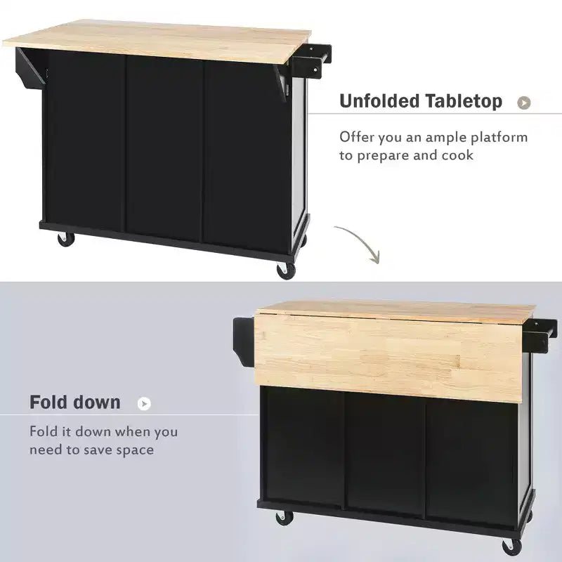 Îlot de cuisine avec comptoir abattant, chariot de cuisine avec 5 roues, armoire de rangement et 3 tiroirs - ModernLuxe