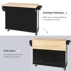Îlot de cuisine avec comptoir abattant, chariot de cuisine avec 5 roues, armoire de rangement et 3 tiroirs - ModernLuxe