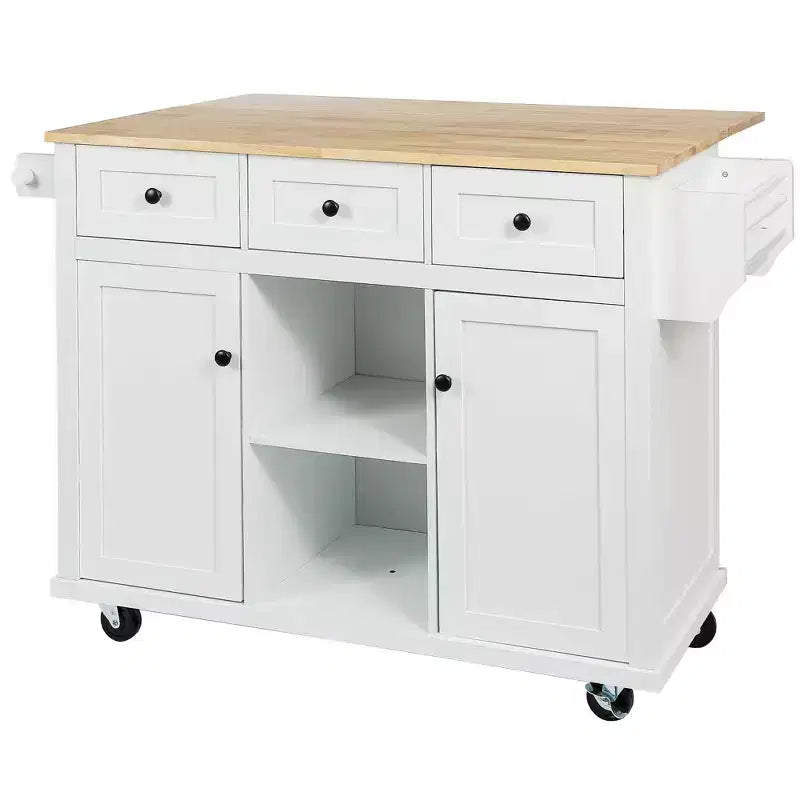Îlot de cuisine avec comptoir abattant, chariot de cuisine avec 5 roues, armoire de rangement et 3 tiroirs - ModernLuxe