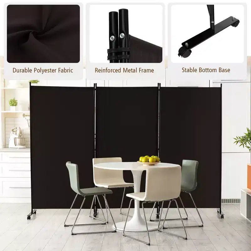 Paravent pliant 3 panneaux Costway 183 cm sur roulettes verrouillables Noir/Marron/Gris/Blanc