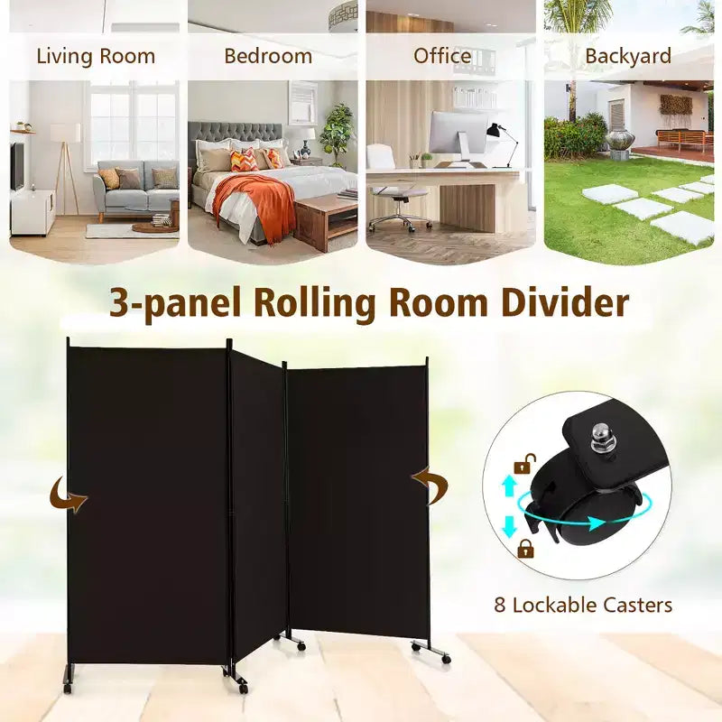 Paravent pliant 3 panneaux Costway 183 cm sur roulettes verrouillables Noir/Marron/Gris/Blanc